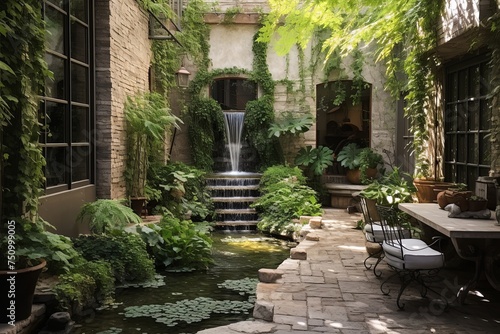 Enchanting Courtyard Oasis: Cascading Waterfall, Stone Benches, and Green Plant Decor
