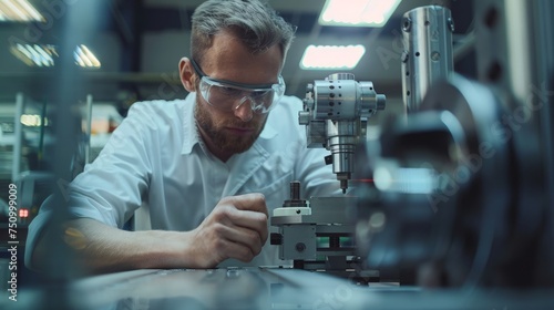 factory engineer checks the quality of the manufactured part photo