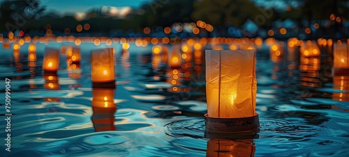 Traditional Floating Lantern Festival: Paper Lanterns Illuminate Dark Water on Memorial Day © hisilly