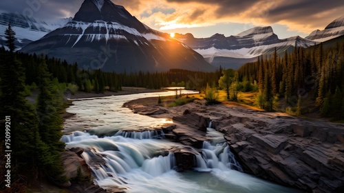 Waterfall in Glacier National Park, Montana. Panoramic view.
