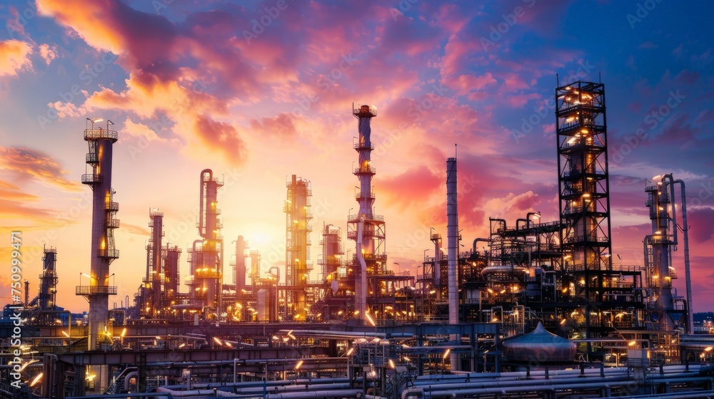 Oil refinery plant at sunset, The night view of petroleum and petrochemical factory with distillation column, drum and pipeline.