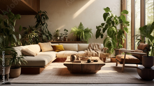 A stylish living room with a Biophilic design, boasting wood accents, natural textures, and an abundance of greenery