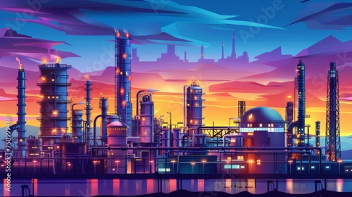 Oil refinery plant at sunset, The night view of petroleum and petrochemical factory with distillation column,