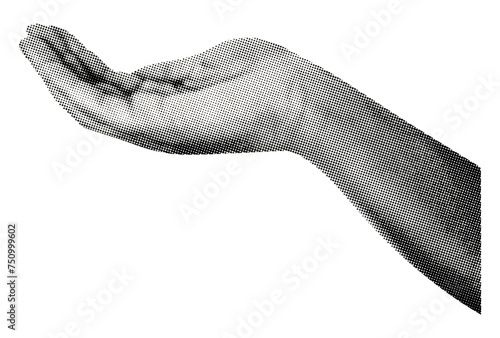 open hand palm facing upwards gesture sign isolated retro black white halftone dotted texture vintage collage element for mixed media design