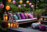 Chic Boho Terrace: Colorful Lanterns in a Serene Rock Garden Scene