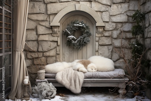 Chic Winter Garden Nook: Vintage Stone Fountains with Faux Fur Accents