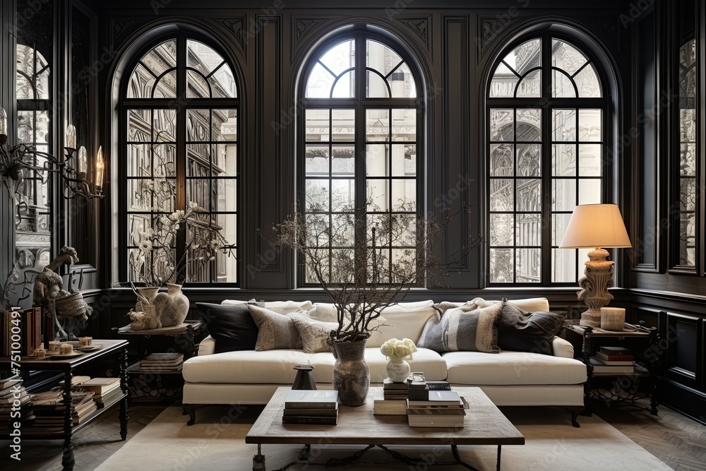 Ornate Ironwork Charm: Chic Living Space with Intricate Window Frames Ornate Ironwork Charm: Chic Living Space with Intricate Window Frames
