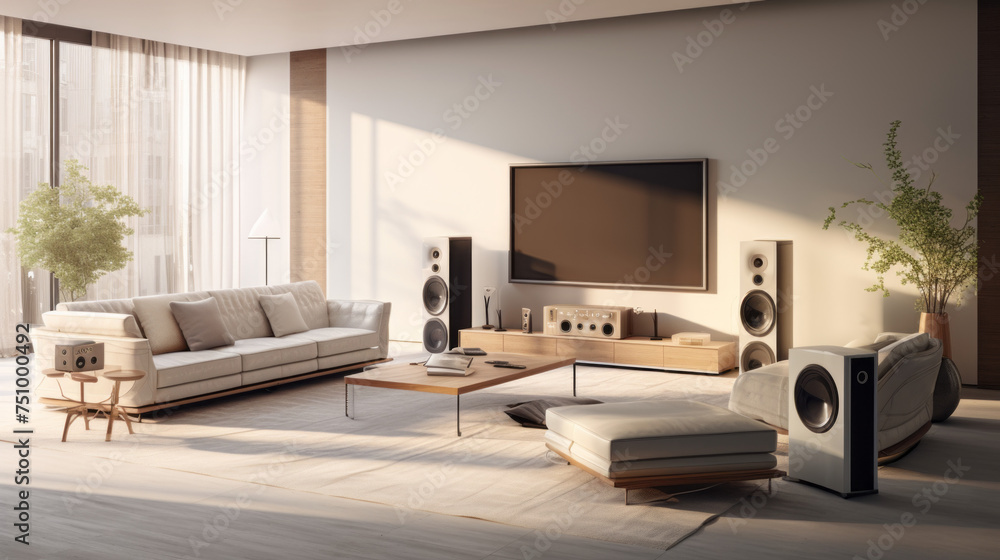 A stylish living room with Smart home technology, featuring a large flat screen television, a modern sound system, and a variety of connected devices