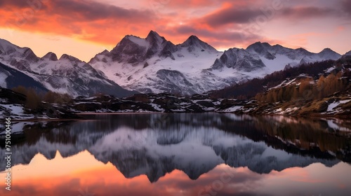 Panoramic view of snow covered mountains reflected in a lake at sunset