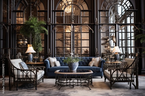 Ornate Ironwork Showstopper: Chic Lounge Area with Glass, Iron Coffee Tables