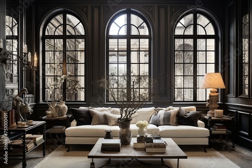 Ornate Ironwork Charm: Chic Living Space with Intricate Window Frames photo