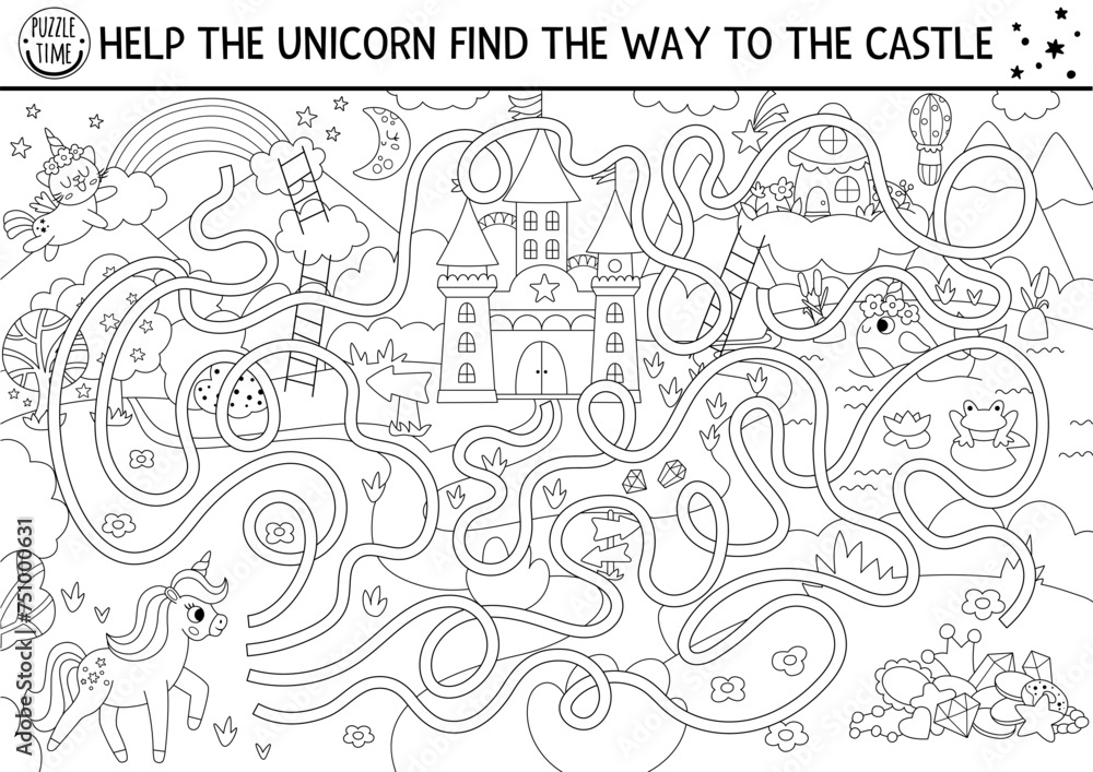 Unicorn black and white maze for kids with fantasy country landscape, castle, fairy. Magic preschool printable activity with treasures, rainbow. Fairytale labyrinth game, puzzle, coloring page
