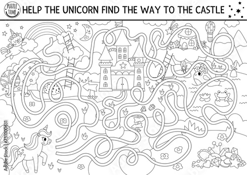 Unicorn black and white maze for kids with fantasy country landscape, castle, fairy. Magic preschool printable activity with treasures, rainbow. Fairytale labyrinth game, puzzle, coloring page