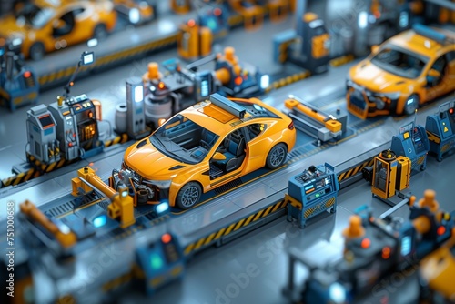 A yellow car is being built in a factory