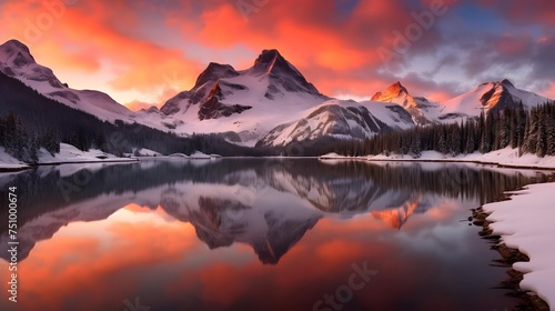Panoramic view of snowy mountains reflected in a lake at sunset