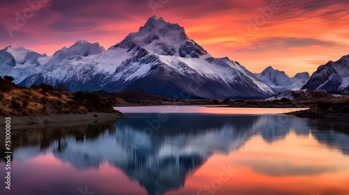 Panoramic view of snowcapped mountain range reflected in lake at sunset photo