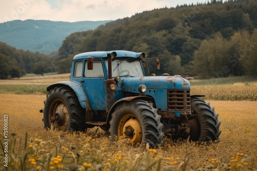 Tractor in the field. Background with selective focus and copy space