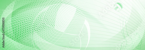 Volleyball themed background in green tones with abstract meshes, curves and dotted lines, with a female volleyball player hitting the ball