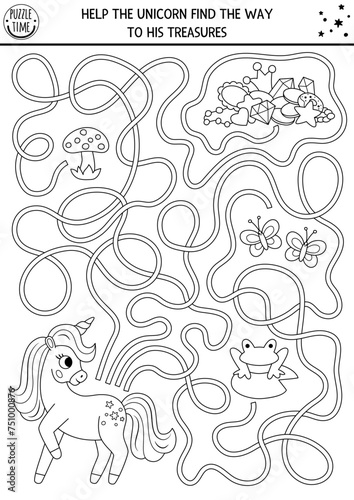 Unicorn black and white maze for kids with fantasy horse and treasures. Magic printable line activity or coloring page with crystal  crown  gems  butterfly  frog. Fairytale labyrinth game  puzzle.