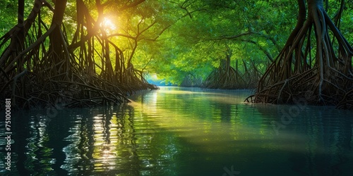 Green mangrove forest with morning sunlight. Mangrove ecosystem. Natural carbon sinks. Mangroves capture CO2 from the atmosphere. Blue carbon ecosystems.