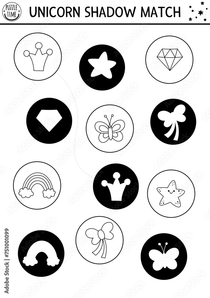 Black and white unicorn shadow matching activity with rainbow, star, butterfly, crystal. Magic line puzzle. Find correct silhouette printable worksheet, game. Fairytale coloring page for kids.