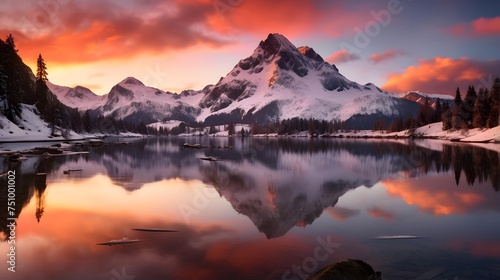 Panoramic view of snow covered mountain peaks reflected in calm lake
