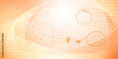 Tennis themed background in orange tones with abstract lines, curves and dots, with a female tennis player in action, swinging a racket to hit the ball away