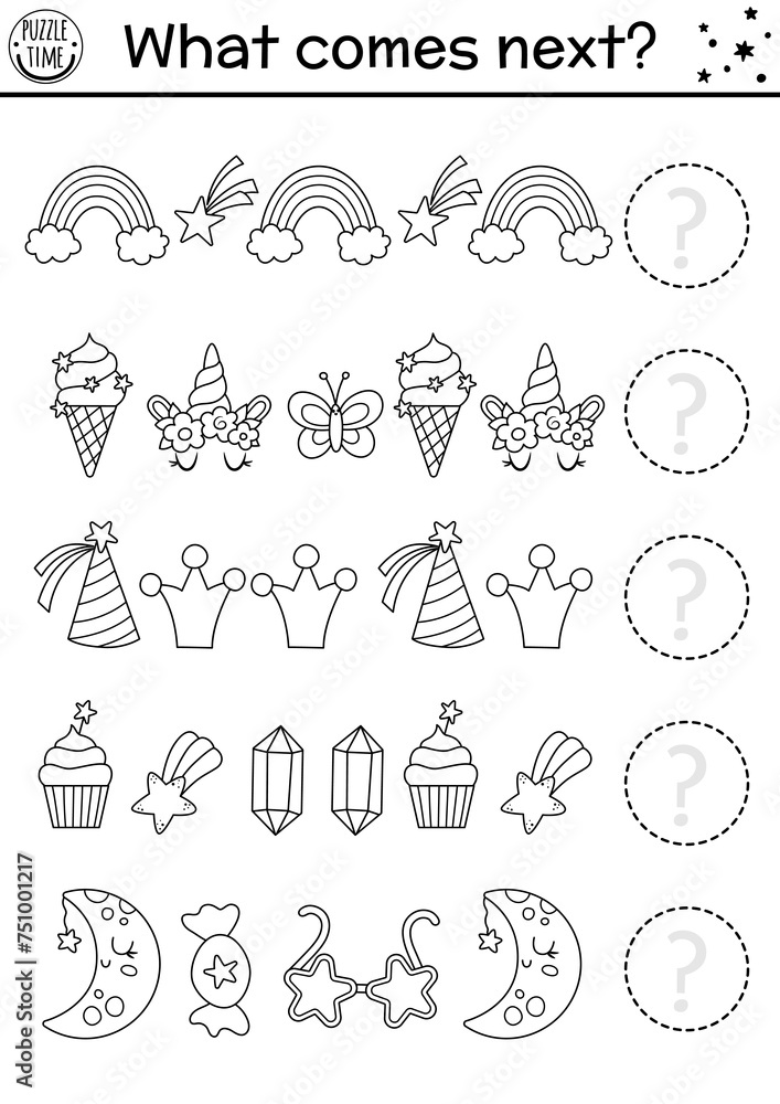 What comes next. Unicorn black and white matching activity for preschool children. Funny fantasy world puzzle. Magical logical worksheet. Continue the row game or coloring page with rainbow, star.