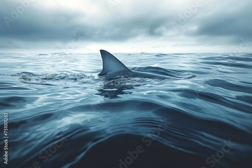 A shark is swimming in the ocean with its tail sticking out of the water