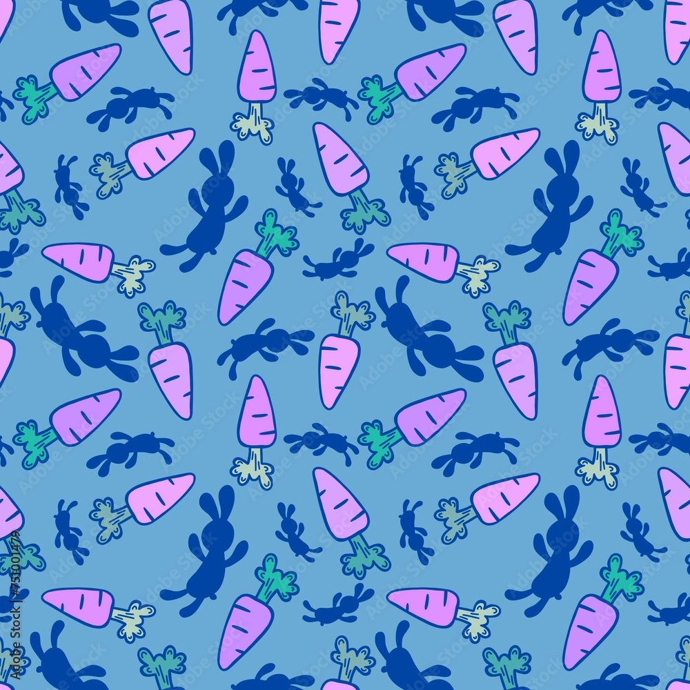 Easter cartoon vegetable seamless carrot and eggs and rabbits pattern for wrapping paper and fabrics and linens Easter cartoon vegetable seamless carrot and eggs and rabbits pattern for wrapping paper and fabrics and linens