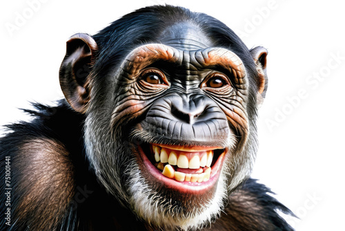 Chimpanzee smiling, full body portrait, isolated against a white backdrop, captures the essence of happiness, high-resolution stock photo, eye-catching, clear image, studio lighting © ramses