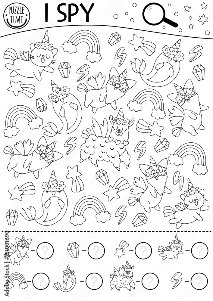 Unicorn black and white I spy game for kids. Searching and counting activity with rainbow, animals, falling star. Magic or fantasy printable worksheet. Fairytale spotting puzzle, coloring page. Unicorn black and white I spy game for kids. Searching and counting activity with rainbow, animals, falling star. Magic or fantasy printable worksheet. Fairytale spotting puzzle, coloring page.