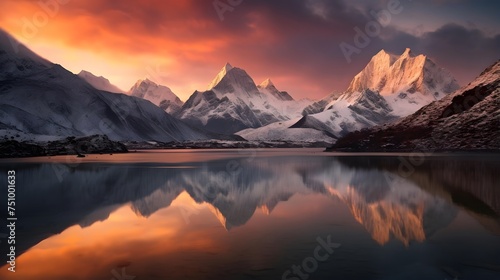 Mountains reflected in the lake at sunset. Panoramic view