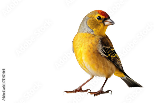 Finch bird full body, isolated on white background, high-quality stock photo, crisp feather details, soft shadow beneath, vibrant yellow and brown plumage, neutral white space allowing for text