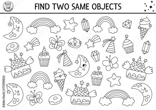 Find two same objects coloring page. Magic world matching activity for unicorn themed party. Fantasy or fairytale line educational quiz worksheet for kids. Simple black and white printable game