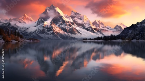 Mountains reflected in the lake. Panoramic view. Sunset.