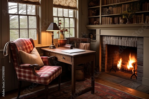 Cozy Country Home Desk Setup with Rustic Charm by the Warm Fireplace