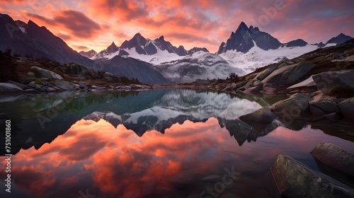 Mountain lake at sunset with reflection in water. Panorama.