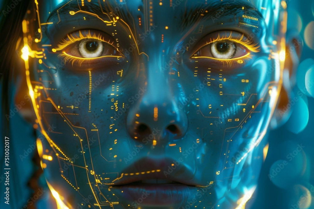 A woman's face is made of computer chips and is glowing in the dark A woman's face is made of computer chips and is glowing in the dark