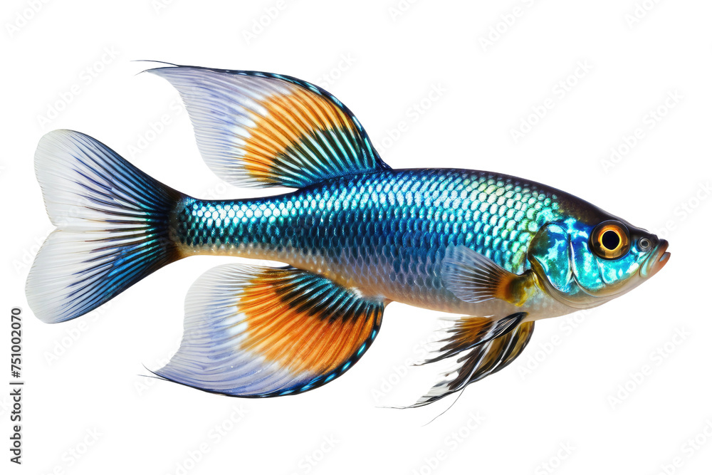Happy guppy fish, full-body portrait, isolated on white background, high quality stock photo, crisp details, subtly capturing the iridescence of scales, gentle shadow beneath to suggest depth