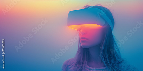 Woman wearing white vr headset in a foggy ambient