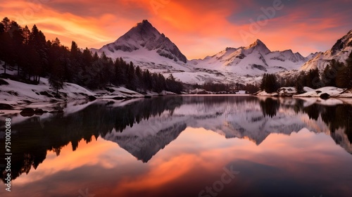 Panoramic image of snow capped mountains reflected in a calm lake