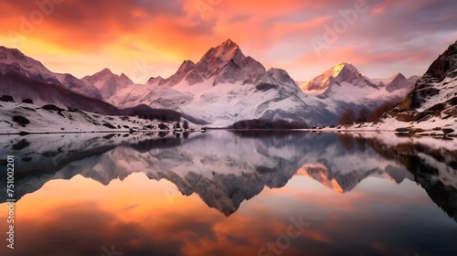 Panoramic view of snow-capped mountains reflected in the lake © Iman