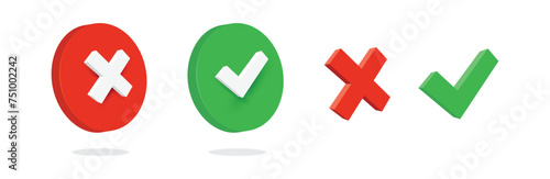 A green check mark, symbolizing approval or correctness, is positioned closely to a red cross, representing rejection or incorrectness. Both icons are rendered in a three-dimensional style as vector. photo