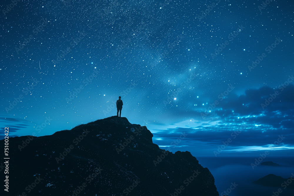 Dreamer's Vista: A Man Against the Infinite Expanse of the Star-Studded Night Sky