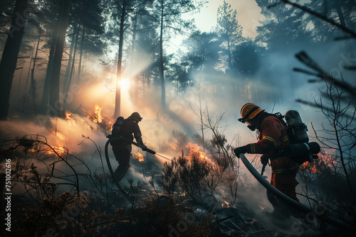 Firefighters extinguishing a fire in a forest, forest in danger by fire and heroes extinguishing the flames photo