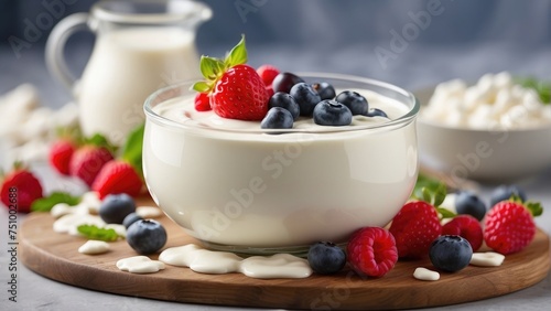 yogurt with raspberries and blueberries food photo