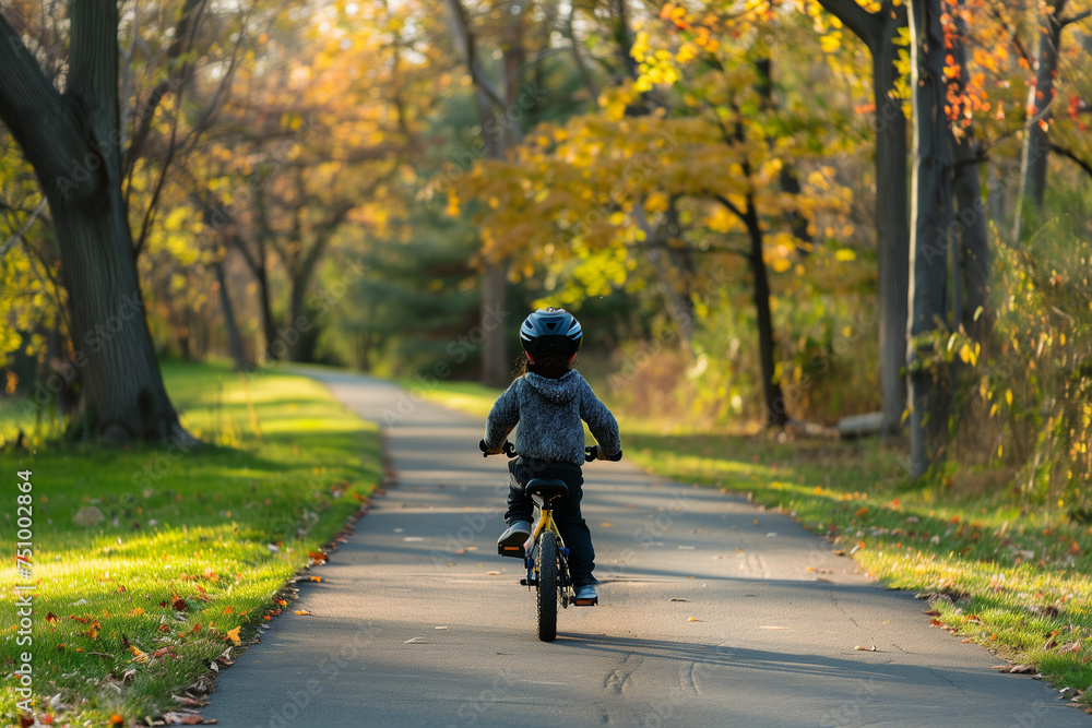 Obraz premium A child's first solo bike ride, captured from behind as they pedal confidently down a tree-lined path, symbolizing the freedom and empowerment that cycling brings