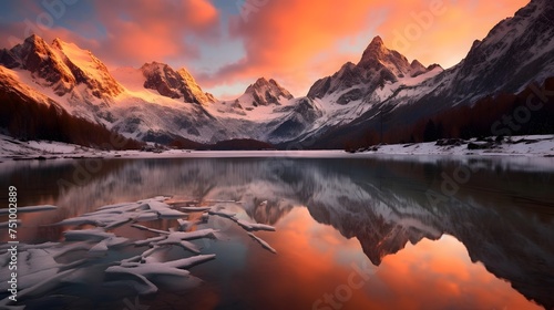 Mountains reflected in the lake at sunset, Canadian Rockies, Alberta, Canada