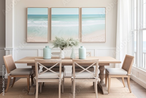 Coastal Cottage Dining Room Ideas: Beach-Inspired Artwork and Serene Colors in Light Woods © Michael